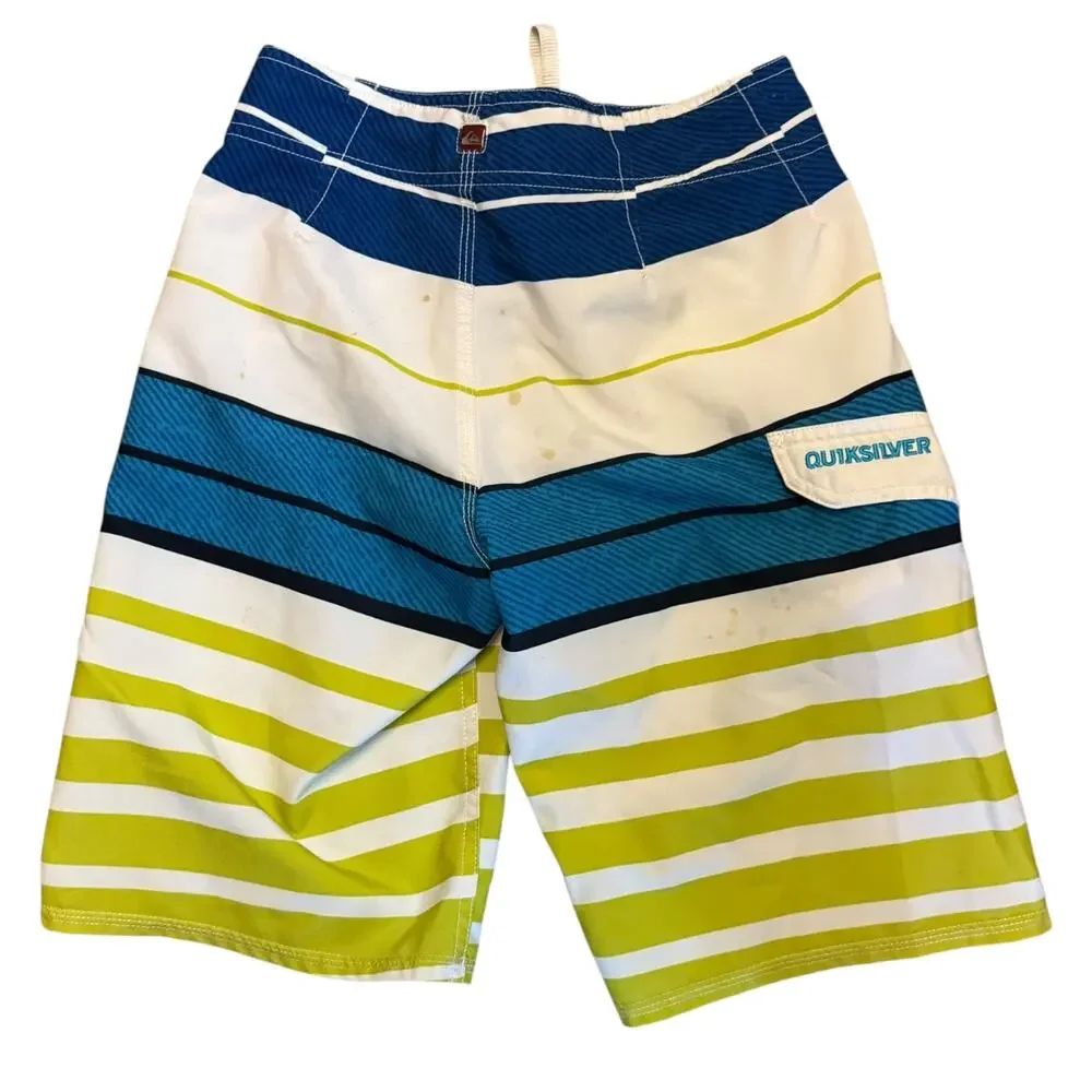Quiksilver Boys White Blue Striped Surf Swimming Boardshorts Size 25
